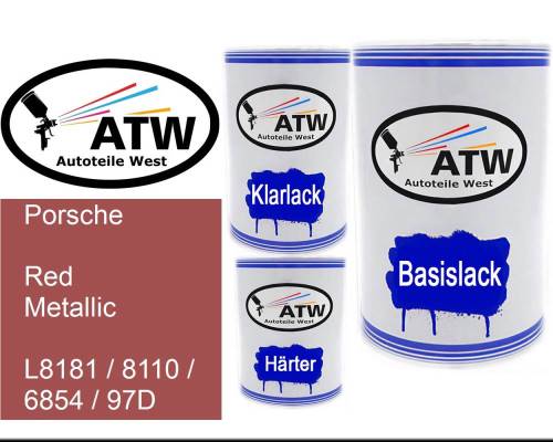 Porsche, Red Metallic, L8181 / 8110 / 6854 / 97D: 500ml Lackdose + 500ml Klarlack + 250ml Härter - Set, von ATW Autoteile West.